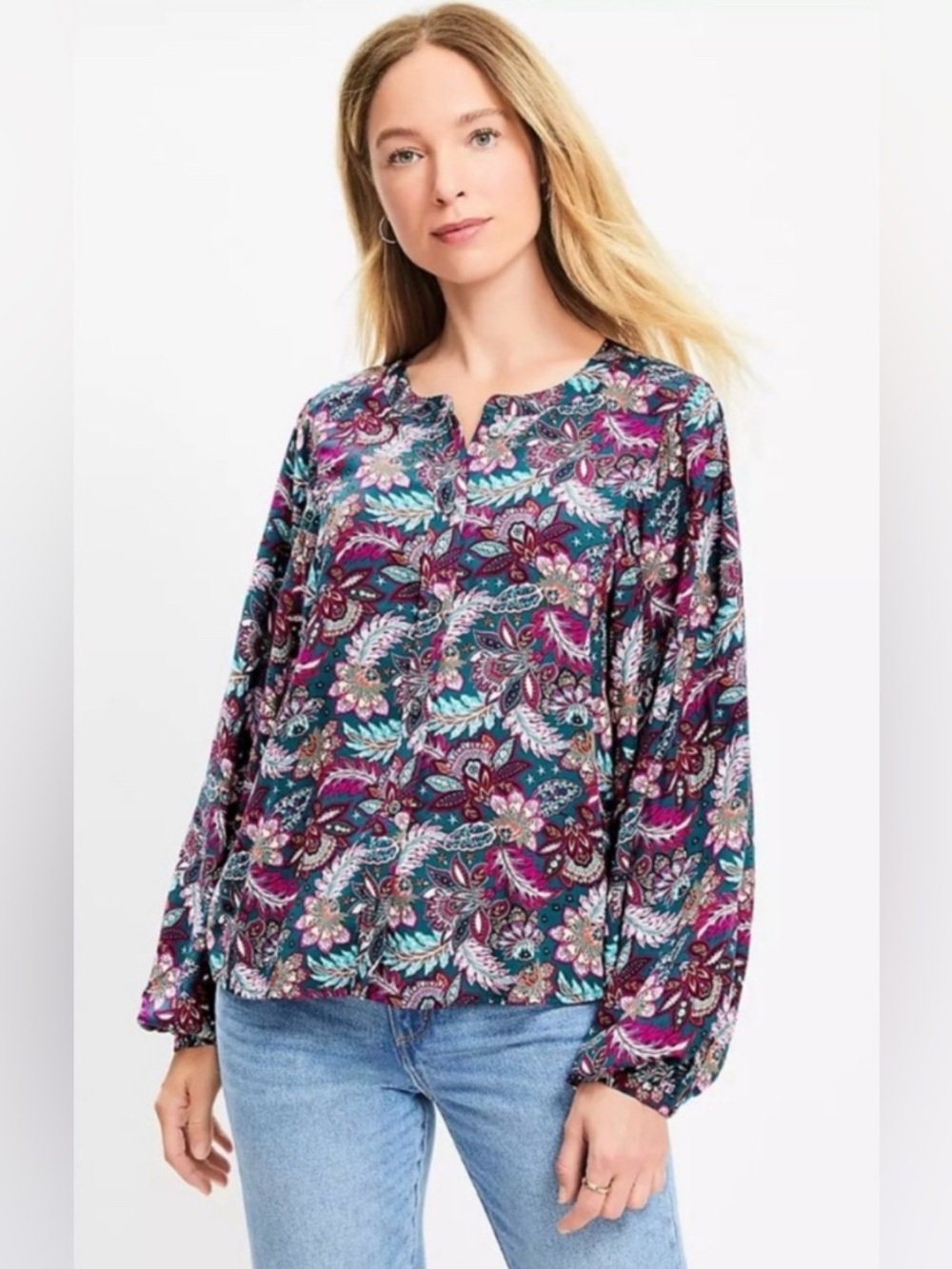 Loft Paisley Print Button-Front Balloon Sleeve Blouse Size M